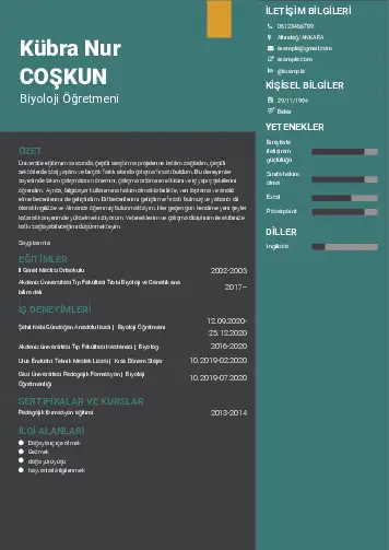 Biyoloji Öğretmeni CV Örnekleri cv indir